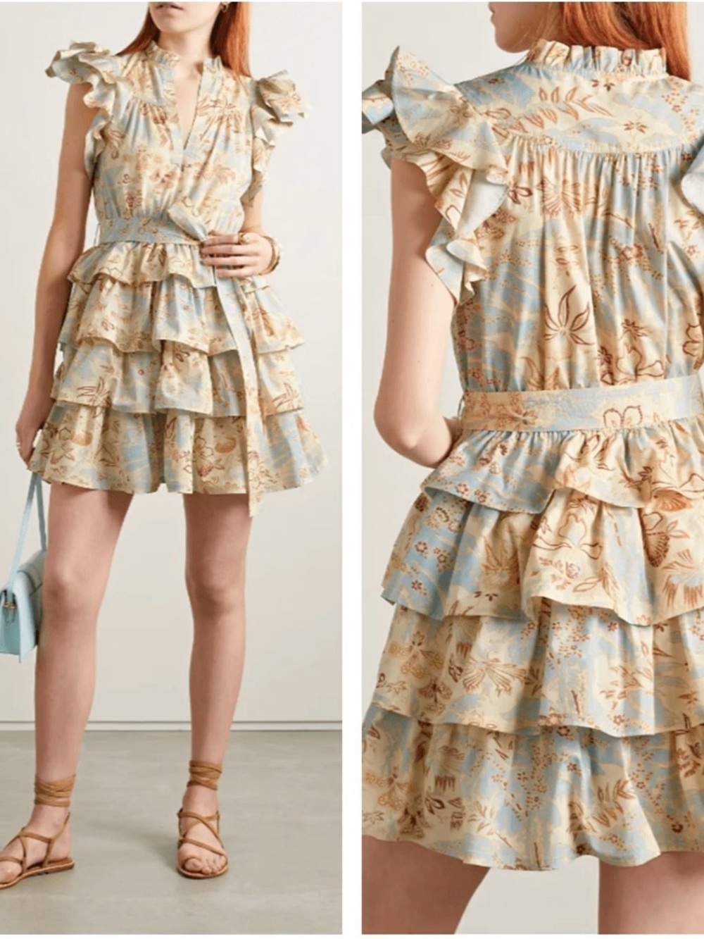 Ulla Johnson Blue and Cream Tiered Ruffle Mini Dress